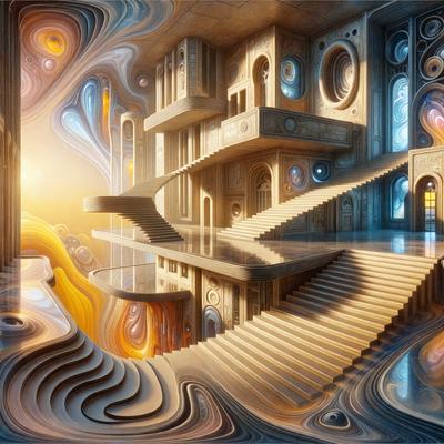 The primary subject of the image is a staircase in a building, which is the main focus of the scene. The setting is a large, ornate building with a variety of staircases and a large window. The visual style of the image is digital art, as it is a detailed and intricate illustration. The colors and mood of the image are vibrant and lively, with a mix of warm and cool tones that create a sense of depth and complexity.